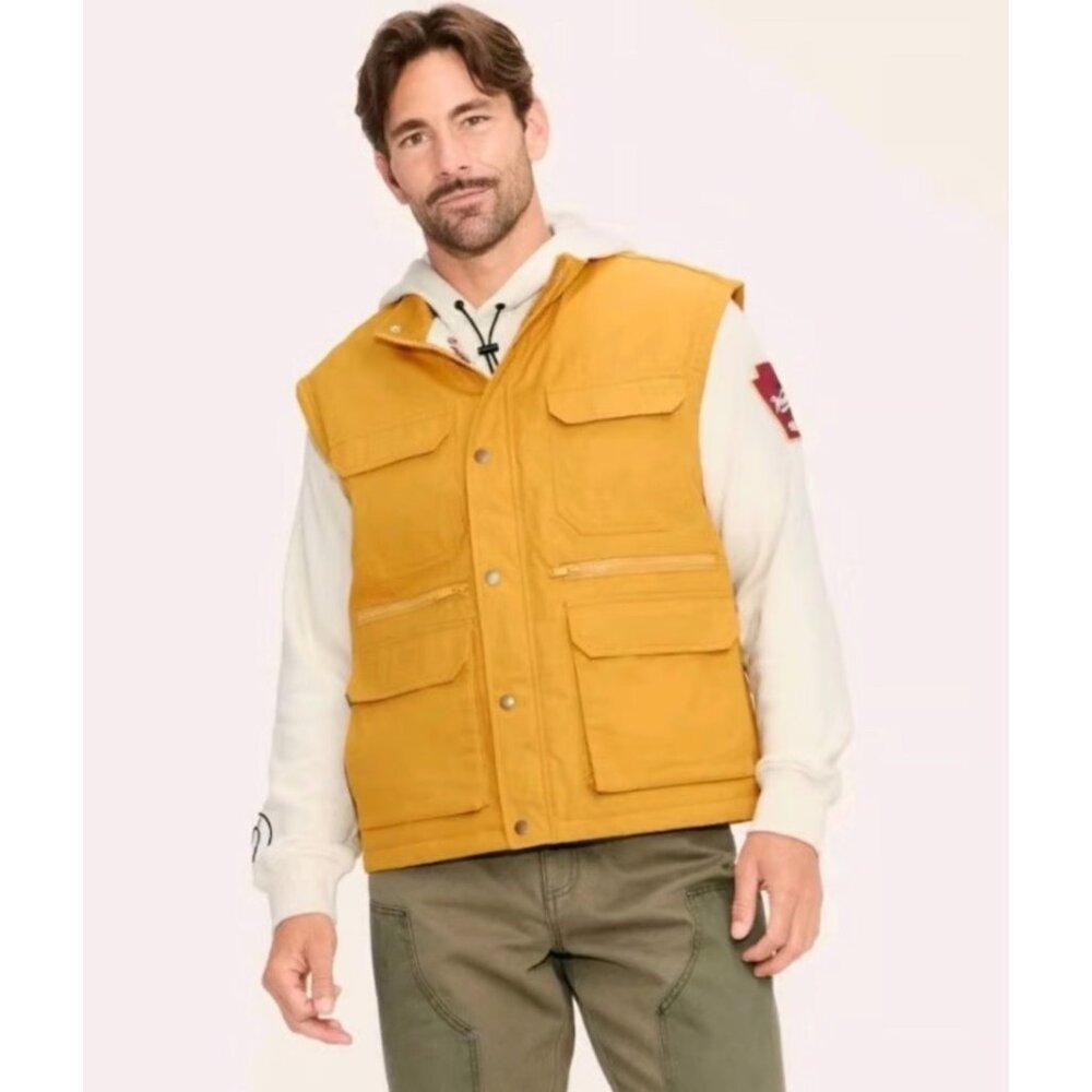 Woolrich Mustard Mens Fisherman Vest With Bird Print Lining Size S 100% Cotton